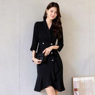 Tall Size Double-breasted Ruffle-hem Coatdress