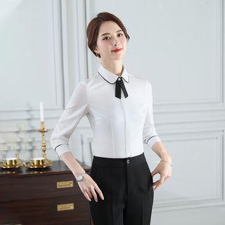 Contrast Trim Blouse / Straight-cut Pants / Set