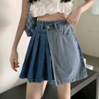 Patched Pleated A-line Denim Skirt