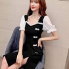 Short-sleeve Contrast Trim Midi A-line Dress / Camisole Top