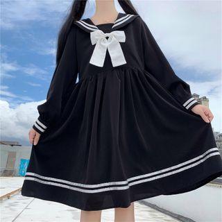 Bow Accent Sailor Collar Long-sleeve Midi Shift Dress