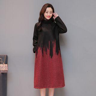 Patterned Mock Neck Long-sleeve Midi A-line Dress