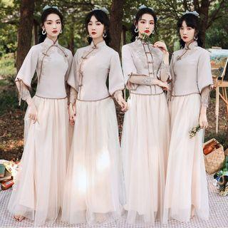 Elbow-sleeve Embroidered A-line Chinese Bridesmaid Dress (various Designs)