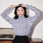 Floral Turtle-neck Long-sleeve Top As Figure - One Size