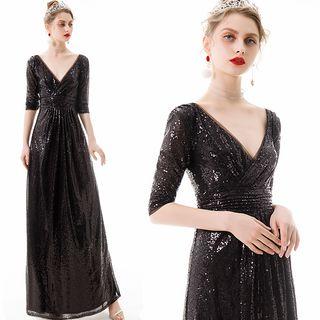 Sequined V-neck Elbow-sleeve A-line Evening Gown
