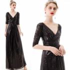 Sequined V-neck Elbow-sleeve A-line Evening Gown