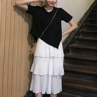 Set: Short Sleeve T-shirt / Sleeveless Ruffle Trim Dress