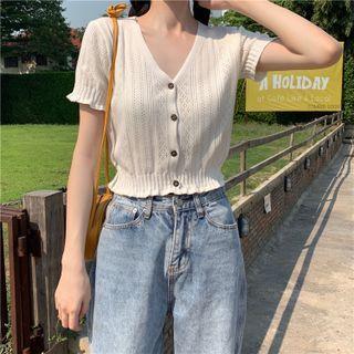 Short-sleeve Ruffle Trim Cutout Knit Top