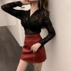 Lace V-neck Long-sleeve Top / Faux Leather Skirt