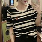Short-sleeve Bear Embroidered Striped T-shirt Black & White - One Size