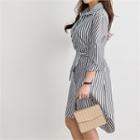 Tab-sleeve Tie-waist Stripe Shirtdress