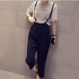 Set: Elbow-sleeve Striped Lettering T-shirt + Crop Suspender Pants