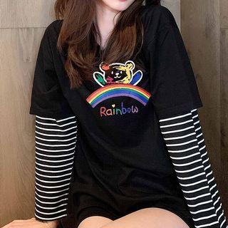 Mock Two-piece Bear Print Striped Long-sleeve T-shirt
