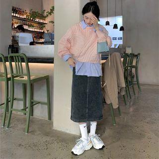 Long-sleeve Striped Shirt / Cable Knit Sweater