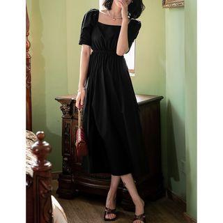 Short-sleeve Drawstring Cut-out Midi A-line Dress