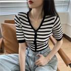 Striped Short-sleeve Cropped Knit Cardigan Stripe - Black & White - One Size