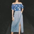 Off-shoulder Floral Top / Slit Midi Denim Skirt / Set