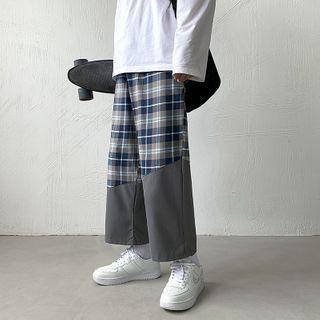 Plaid Panel Straight-cut Cropped Pants