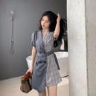 Plaid Panel Short-sleeve Double-breasted Blazer Dress