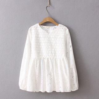 Eyelet-lace Long-sleeve Blouse As Shown In Figure - One Size