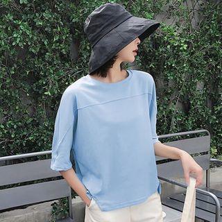Plain Elbow-sleeve Slit-side T-shirt