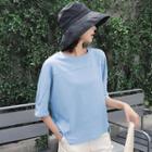 Plain Elbow-sleeve Slit-side T-shirt