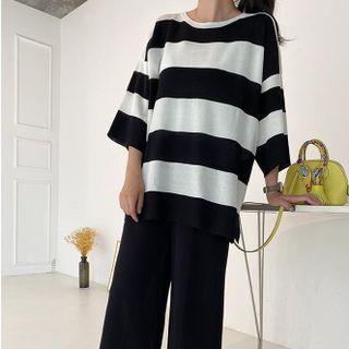 Set: 3/4-sleeve Striped Knit Top + Wide Leg Pants