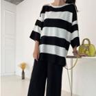 Set: 3/4-sleeve Striped Knit Top + Wide Leg Pants