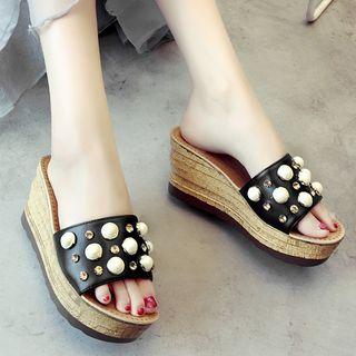 Faux-pearl Detail Wedge Slide Sandals