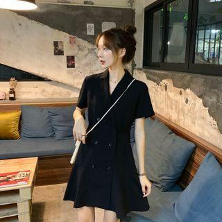 V-neck Short-sleeve Double Buttoned Mini Dress