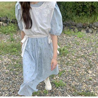 Short-sleeve Flower Print Midi A-line Dress / Eyelet Lace Vest