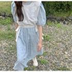 Short-sleeve Flower Print Midi A-line Dress / Eyelet Lace Vest
