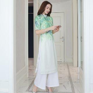 Set: Short-sleeve Printed Slit-side Long Top + Wide-leg Pants