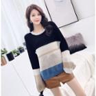 Color Block Knit Top / Faux Leather Mini Skirt / Set