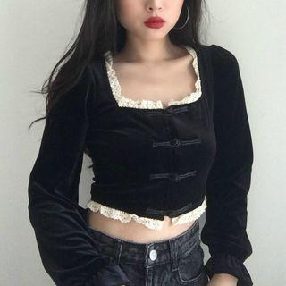 Crochet Trim Frog Button Velvet Cropped Blouse