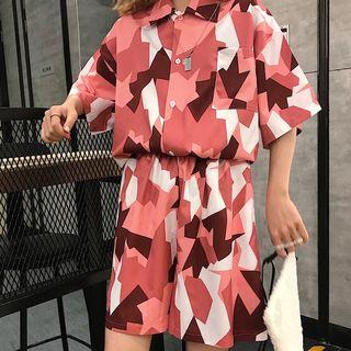 Set: Camouflage Loose-fit Short-sleeve Shirt + Shorts Red - One Size
