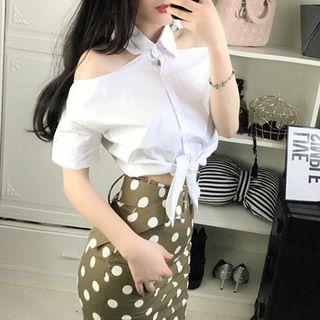 Set: Elbow-sleeve Cold Shoulder Shirt + Dotted Mini Fitted Skirt