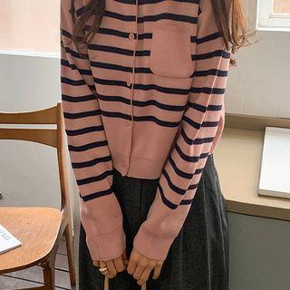 Pocket-front Striped Cardigan Pink - One Size