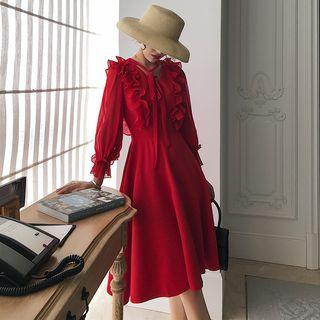 Long-sleeve Ruffled Chiffon A-line Dress