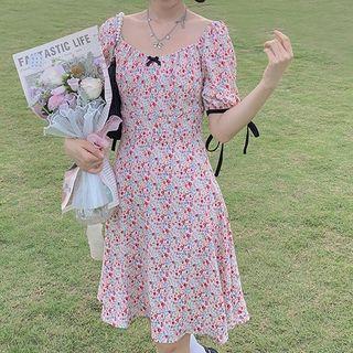 Puff-sleeve Floral Print Bow-accent A-line Dress