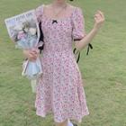 Puff-sleeve Floral Print Bow-accent A-line Dress