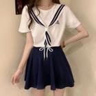 Set: Short-sleeve Sailor Collar T-shirt + Shorts Set - Dark Blue & White - One Size