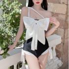 Spaghetti-strap Ribbon Two-tone Swimsuit