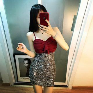 Set Of 2: Frilled Camisole Top + Sequined Pencil Skirt