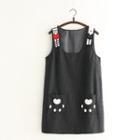 Pocketed Cat Embroidered Pinafore Dress