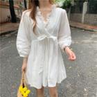 V-neck 3/4-sleeve A-line Dress White - One Size