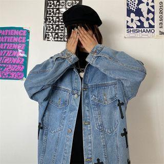 Long Sleeve Cross Print Denim Jacket