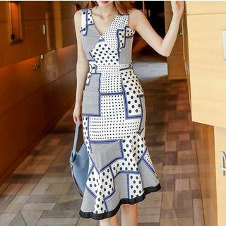 Printed Ruffle Hem Sleeveless Sheath Mermaid Dress