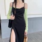 Long-sleeve Off-shoulder Top / Slit Midi A-line Overall Dress