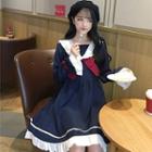 Long-sleeve Sailor Collar Dress Dress - Navy Blue - One Size